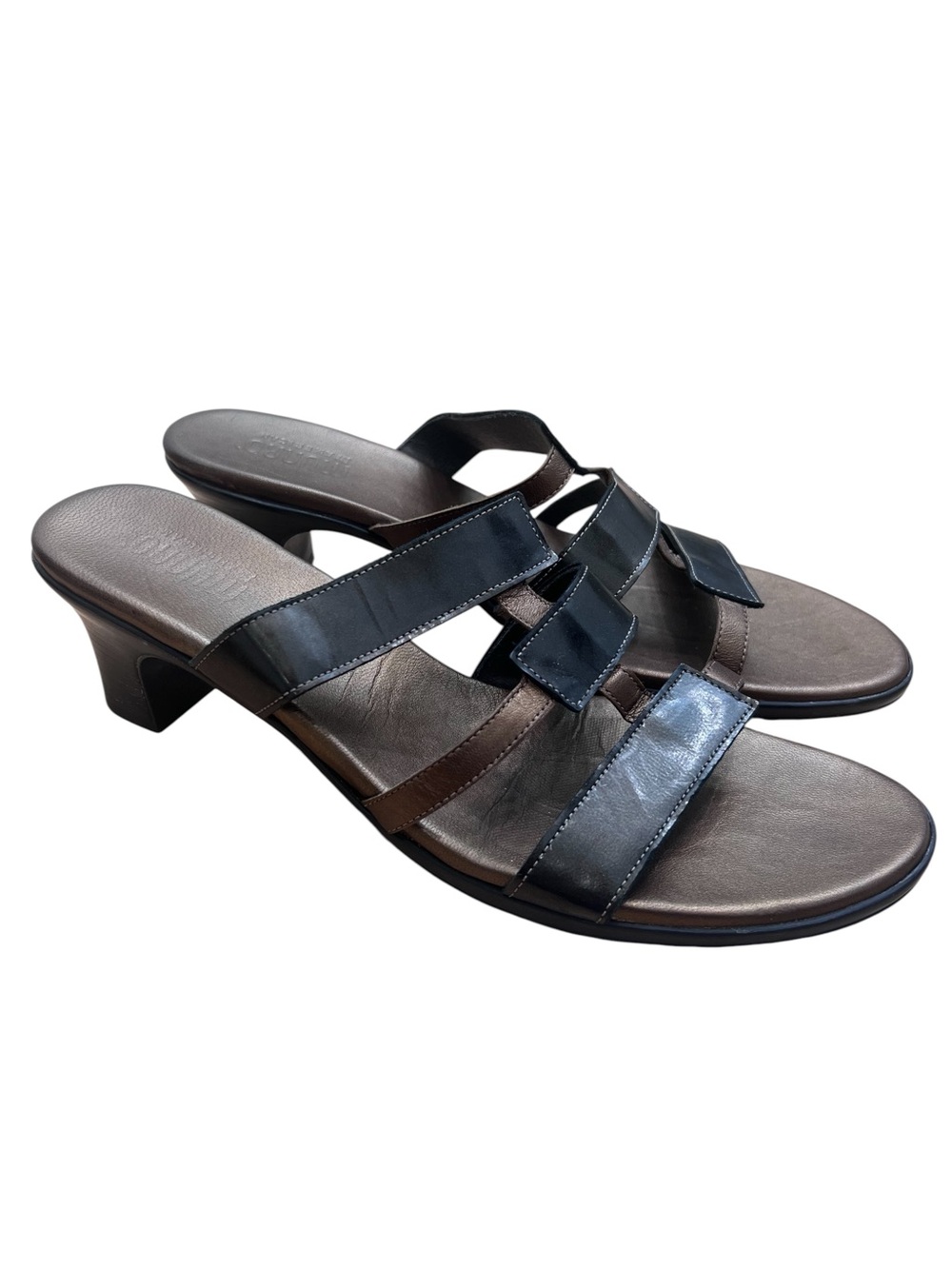 Munro American Bronze Black Leather Strappy Kitten Heel Slide Sandals Women's 11
